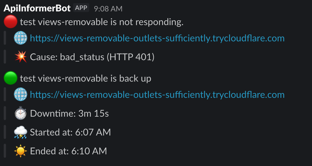 Slack messages from ApiInformerBot: a monitor reported down with cause bad_status (HTTP 401), then back up after 3m 15s of downtime