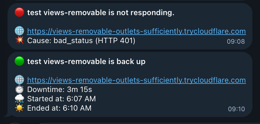 Telegram chat showing a monitor down alert with cause bad_status (HTTP 401) followed by a back-up message after 3m 15s